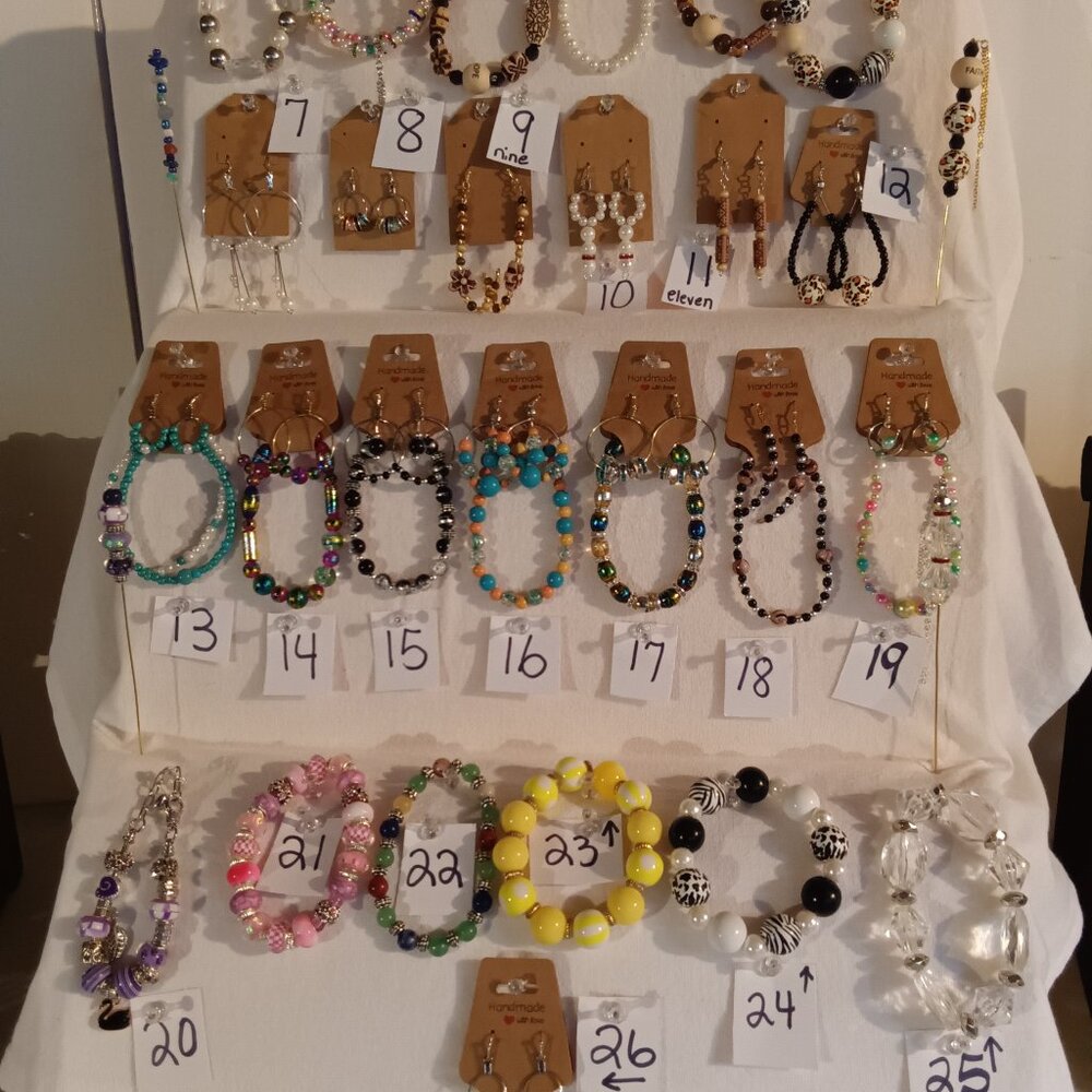 Bracelets, earrings, necklaces, brooches